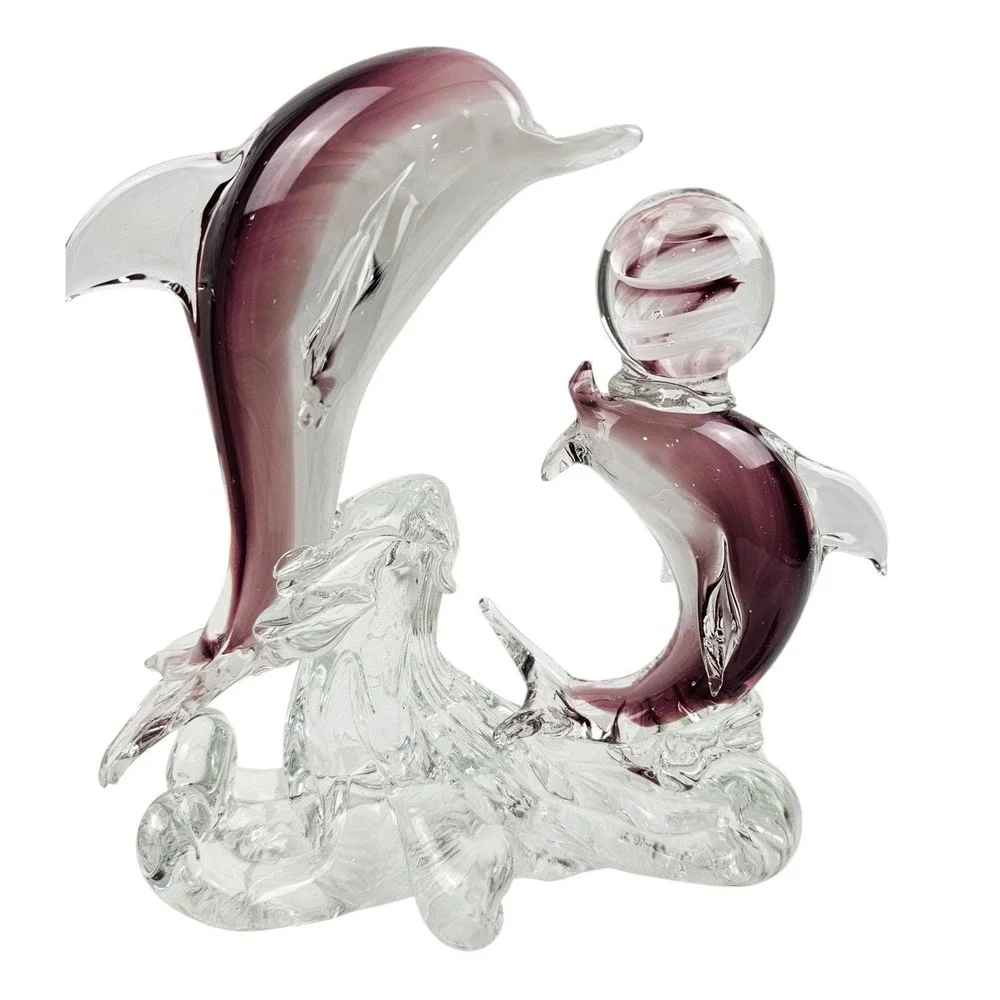 Murano Style Blown Art Glass Dolphin Sculpture Purple White Swirl Waves Figurine